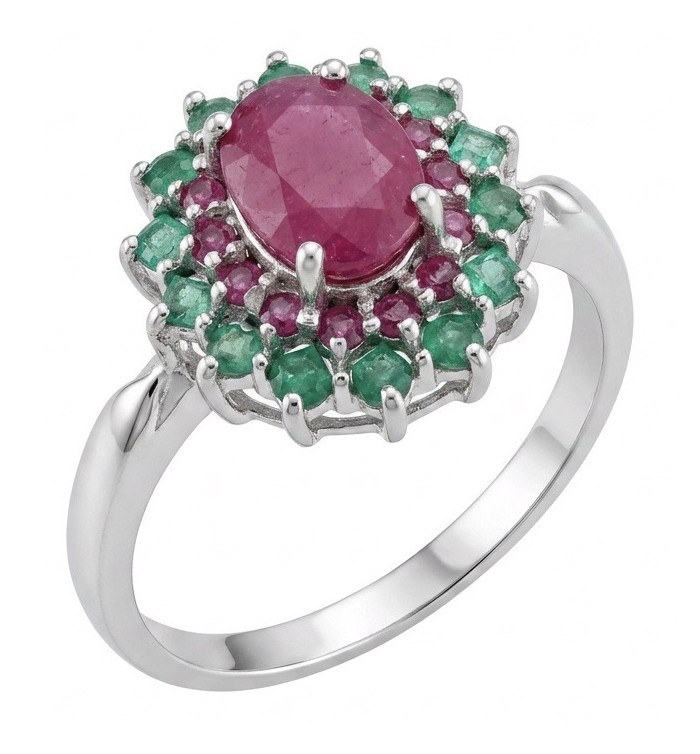 Bella Rosa Genuine 5.5 CARAT Ruby Emerald rhodium over .925 Sterling Silver Statement Ring size 8