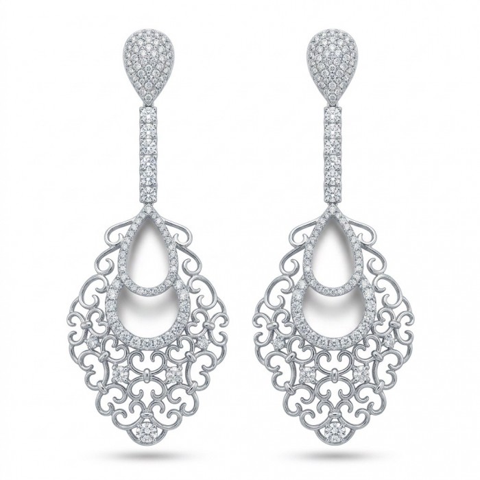 Genuine lab grown Diamond 18K White Gold over .925 Sterling Silver handcrafted Statement Earrings