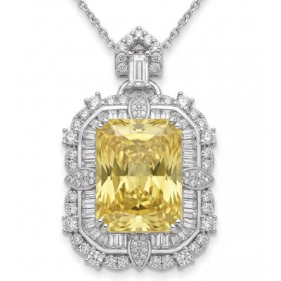 Art Deco - Baquette cut 35.5 carat YELLOW SAPPHIRE .925 Sterling Silver dipped in Rhodium handcrafted necklace