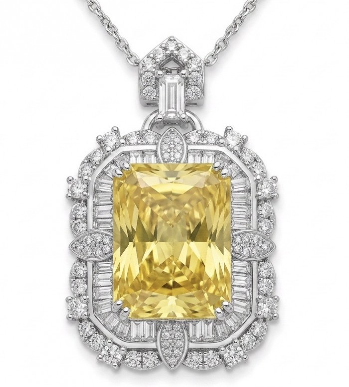 Art Deco - Baquette cut 35.5 carat YELLOW SAPPHIRE .925 Sterling Silver dipped in Rhodium handcrafted necklace