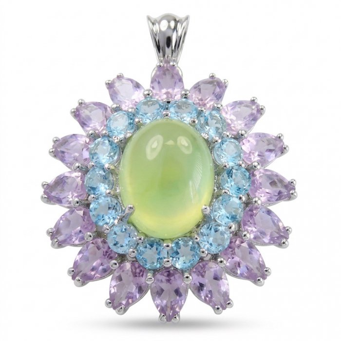 Wise Bliss Authentic 14.6 carat Prehnite Aquamarine .925 Sterling Silver dipped in Rhodium handmade Pendant - video