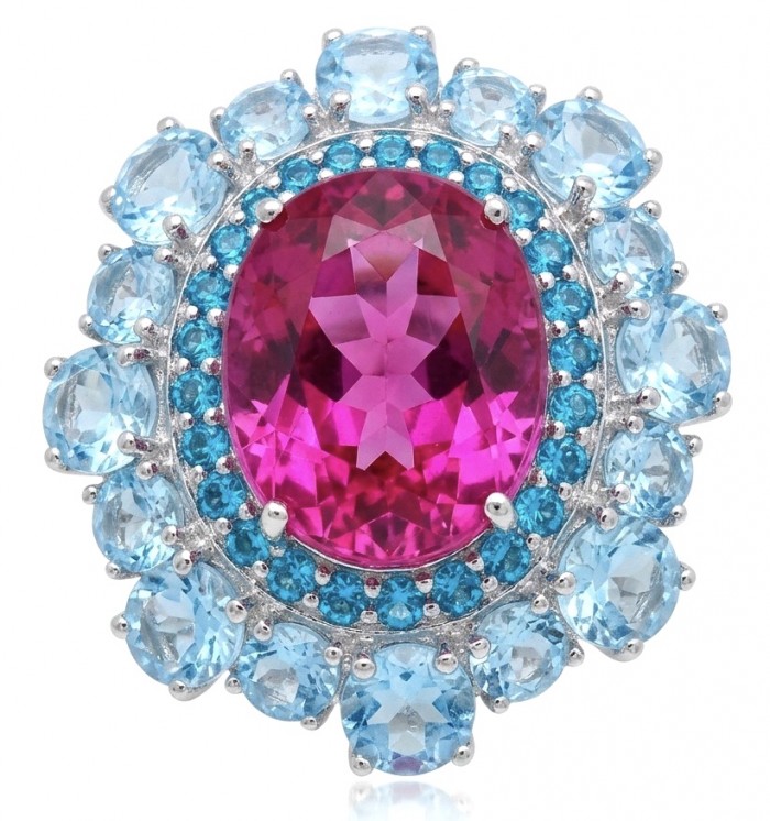 Anastasia 28.2 carat Pink Sapphire .925 Sterling Silver dipped in Rhodium Handcrafted Statement Ring size 8