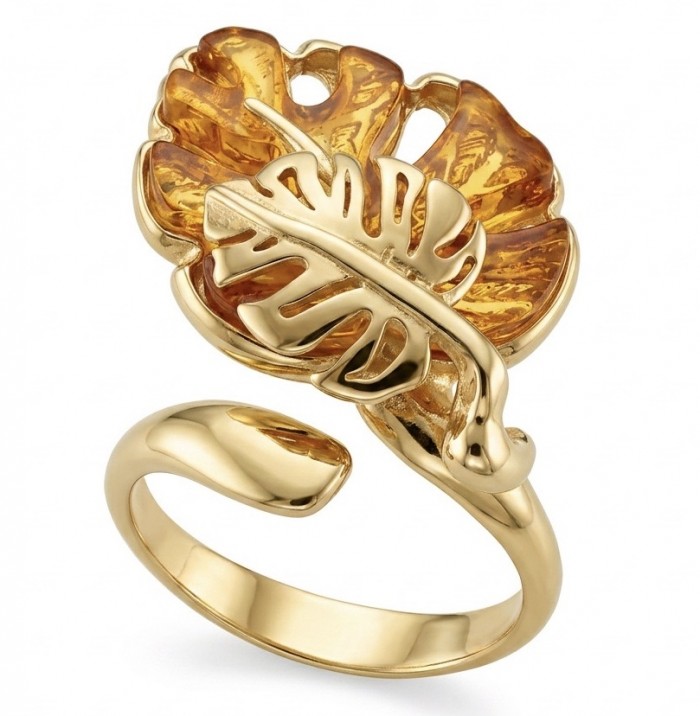 Golden Leaf Authentic Golden carved Baltic Amber .925 Sterling Silver entirely handcrafted ring; s. 6 adjustable