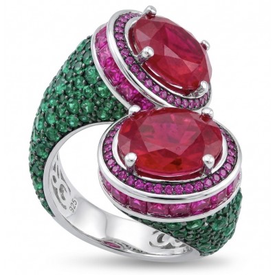 Giovanna Natural 8.6 carat Ruby pave Emerald .925 Sterling Silver dipped rhodium handmade Statement Ring size 7 1/2