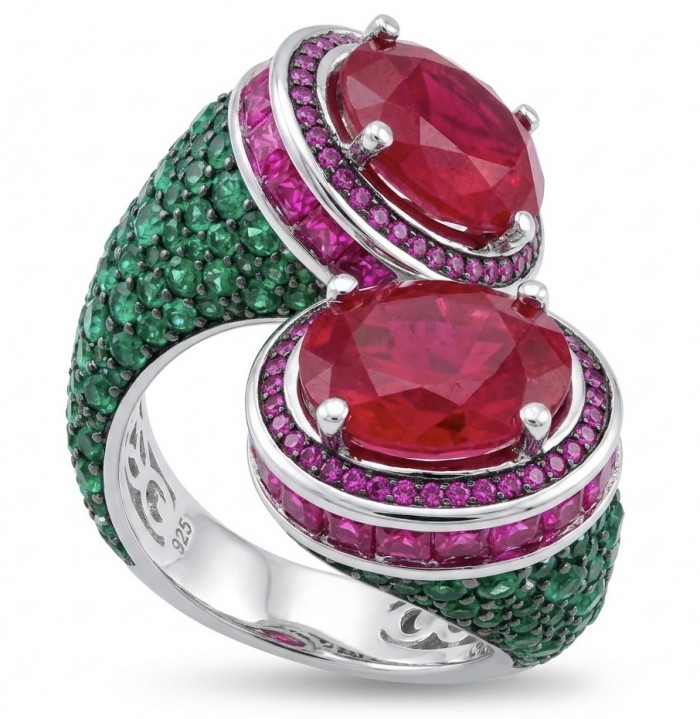 Giovanna Natural 8.6 carat Ruby pave Emerald .925 Sterling Silver dipped rhodium handmade Statement Ring size 7 1/2