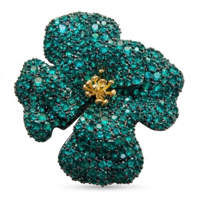 Retro Style - Precious Rose Genuine 24.2 carat Colombian Emerald black rhodium over .925 Sterling Silver handmade Pendant - Brooch
