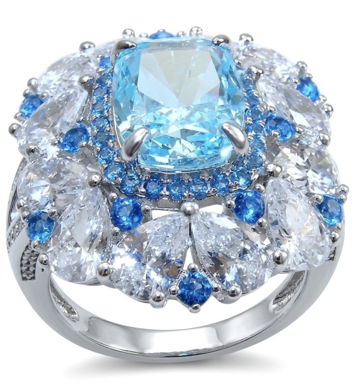 Paris Sky Blue 8.8 carat Swiss Blue Topaz .925 Sterling Silver dipped in rhodium handcrafted ring size 7
