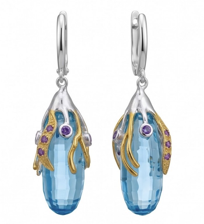 Blue Ocean Drops - 22.7 carat carved Swiss Blue Topaz 0.8 CARAT Ruby .925 Sterling Silver dipped in Rhodium Handcrafted Statement earrings
