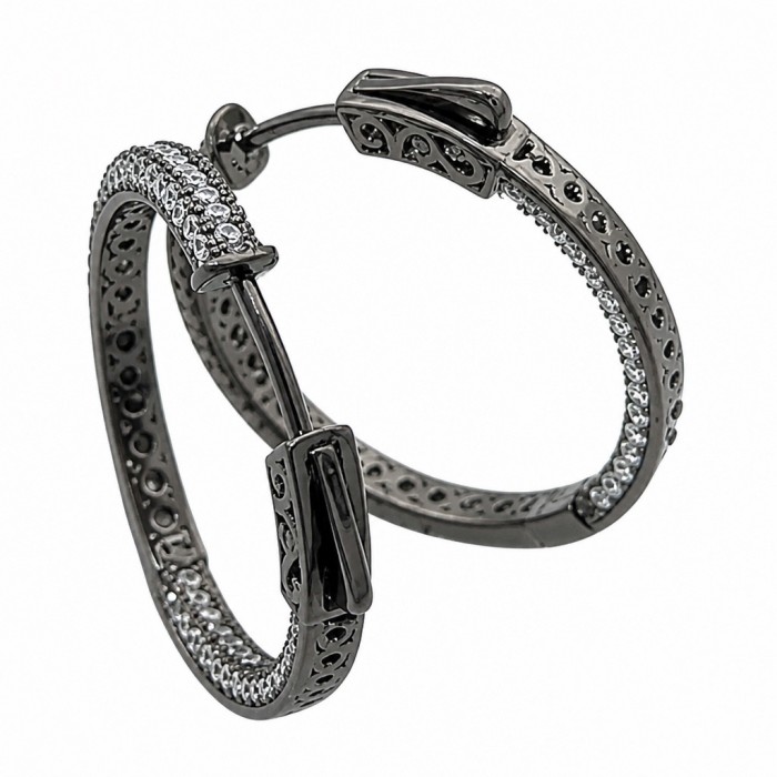 Allure Natural pave 4.2 carat White Topaz Black rhodium .925 Sterling Silver handcrafted hoop earrings