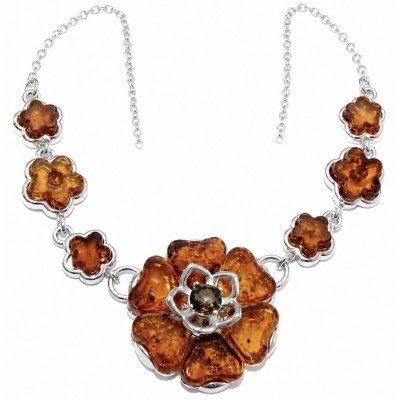 Floral design - natural Golden carved Baltic Amber .925 Sterling Silver handcrafted necklace