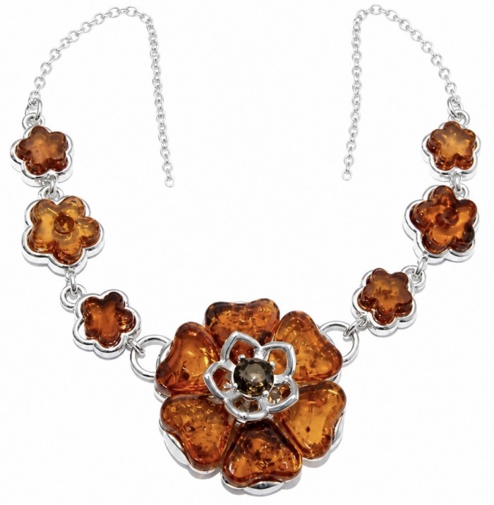Floral design - natural Golden carved Baltic Amber .925 Sterling Silver handcrafted necklace