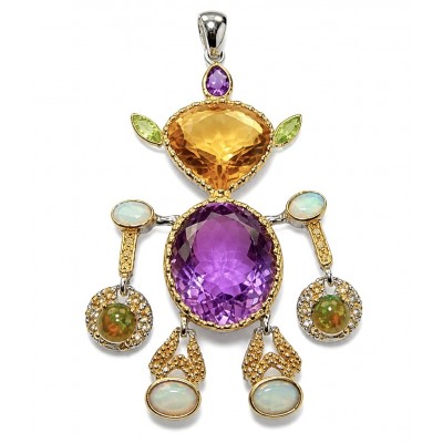 My precious Humanoid Friend 44.6 carat GEMSTONES 18k Gold over .925 Sterling Silver dipped in Rhodium handmade Pendant