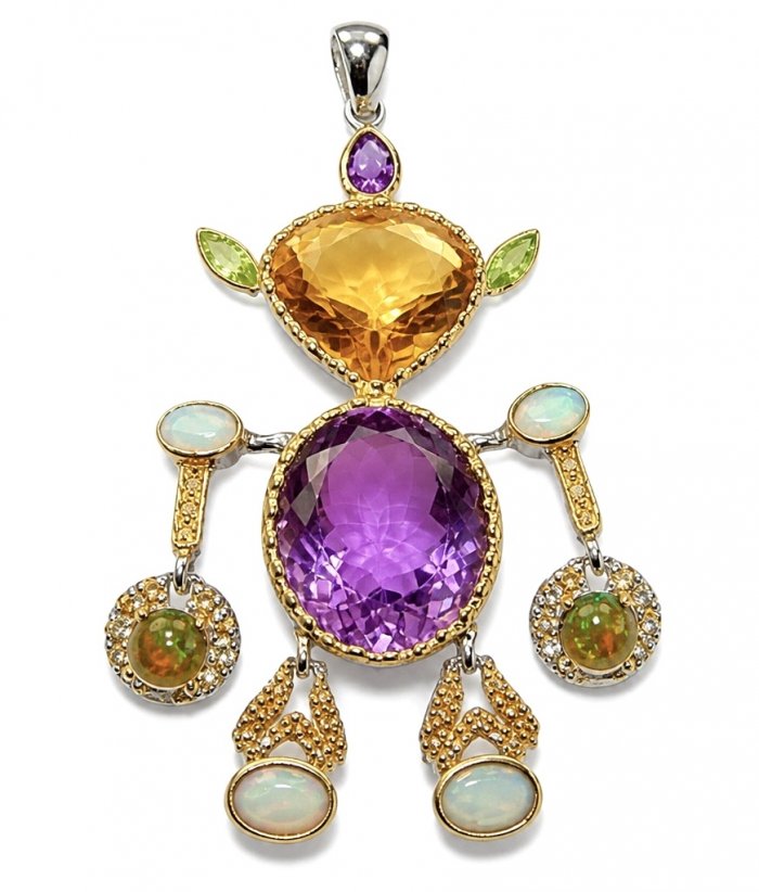 My precious Humanoid Friend 44.6 carat GEMSTONES 18k Gold over .925 Sterling Silver dipped in Rhodium handmade Pendant - video