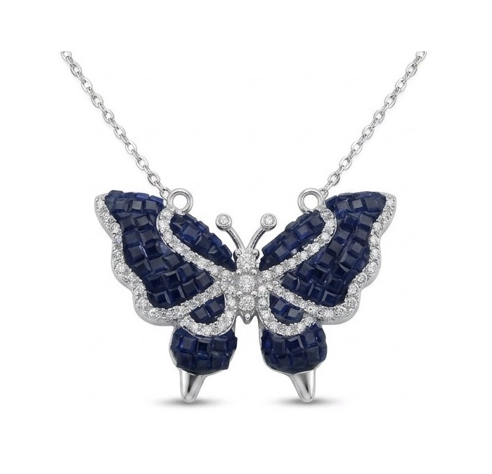 Precious Blue Butterfly mystery setting 14.2 carat natural Sapphire .925 Sterling Silver Necklace