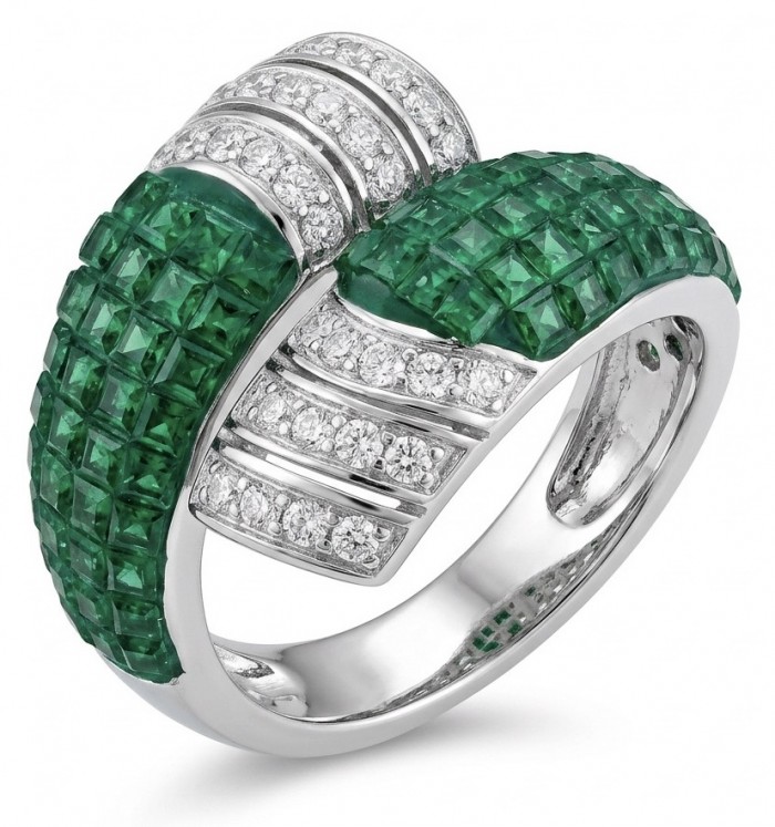 Precious Emerald bow- mystery setting authentic 16.2 carat Emerald .925 Sterling Silver Eternity Ring size 7 1/2
