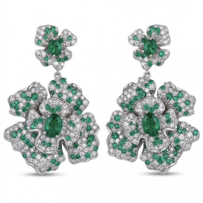 Spectacular - Floral design 8.8 carat Colombian Emerald .925 Sterling Silver dipped in rhodium handmade Statement Earrings - video