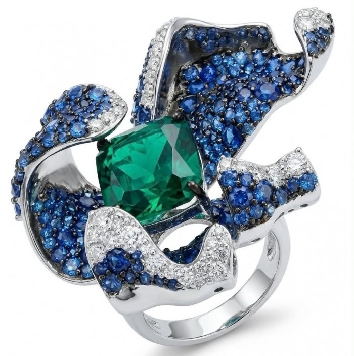 Wild Flower 55.2 carat authentic Colombian Emerald Sapphire .925 Sterling Silver handcrafted Statement Ring size 6 - video
