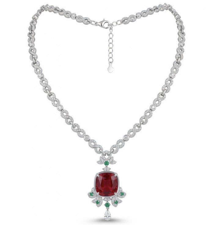 Luxurious 12.9 carat natural Mozambique Ruby rhodium over .925 Sterling Silver .925 Sterling Silver Statement Necklace
