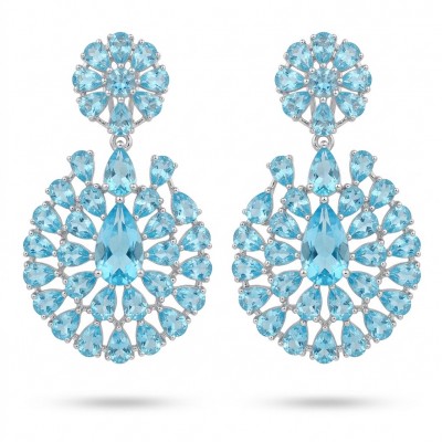 Tranquillity - 27.7 carat carved Swiss Blue Topaz .925 Sterling Silver dipped in Rhodium Handcrafted Statement earrings