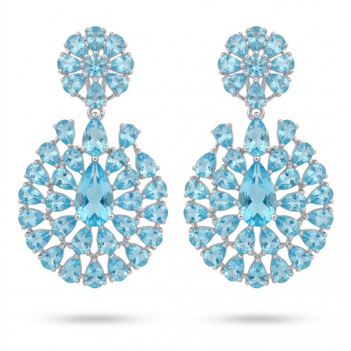 Tranquillity - 27.7 carat carved Swiss Blue Topaz .925 Sterling Silver dipped in Rhodium Handcrafted Statement earrings - video