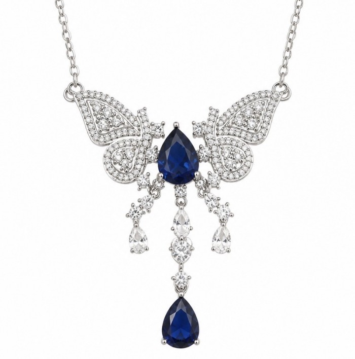 Vintage style - Blue Butterfly - pear cut 14.8 carat Sapphire .925 Sterling Silver handcrafted Statement Necklace