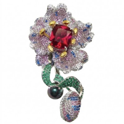 Enchanted Flower 45.5 carat pave Mozambique Ruby Black Pearl 22K Gold over .925 Sterling Silver handmade Pendant - Brooch
