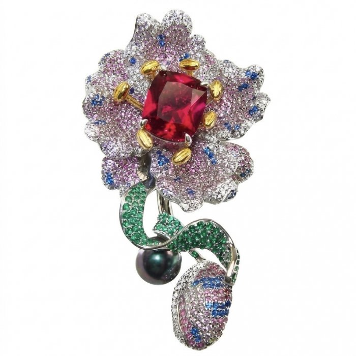 Enchanted Flower 45.5 carat pave Mozambique Ruby Black Pearl 22K Gold over .925 Sterling Silver handmade Pendant - Brooch - video