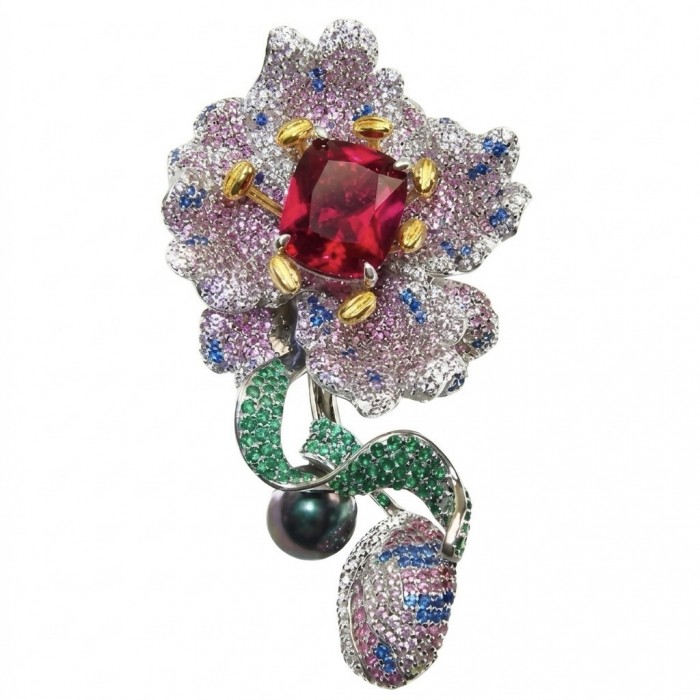 Enchanted Flower 45.5 carat pave Mozambique Ruby Black Pearl 22K Gold over .925 Sterling Silver handmade Pendant - Brooch