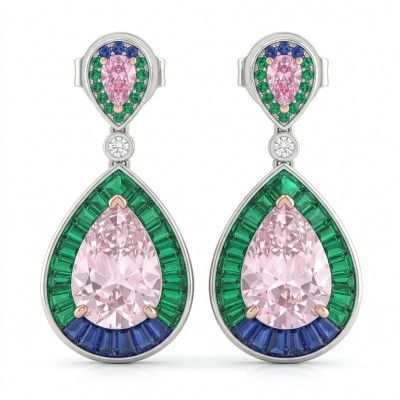Emily - Art Deco - Precious genuine 12.2 carat Kunzite rhodium over .925 Sterling Silver handcrafted earrings