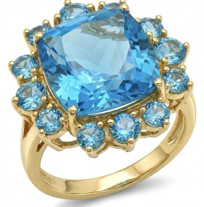 Nirvana Natural Fancy baquette cut 23.8 carat Swiss Blue Topaz .925 Sterling Silver dipped in 22K Gold handmade Statement Ring size 8
