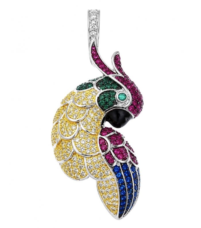 Exotic Parrot - 10.5 carat Ruby Emerald Sapphire 22K Gold over .925 Sterling Silver rhodium over handcrafted pendant - video