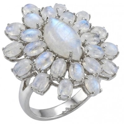 Large Blue Cascade 29.5 carat Rainbow Moonstone rhodium over .925 Sterling Silver handmade ring s. 8