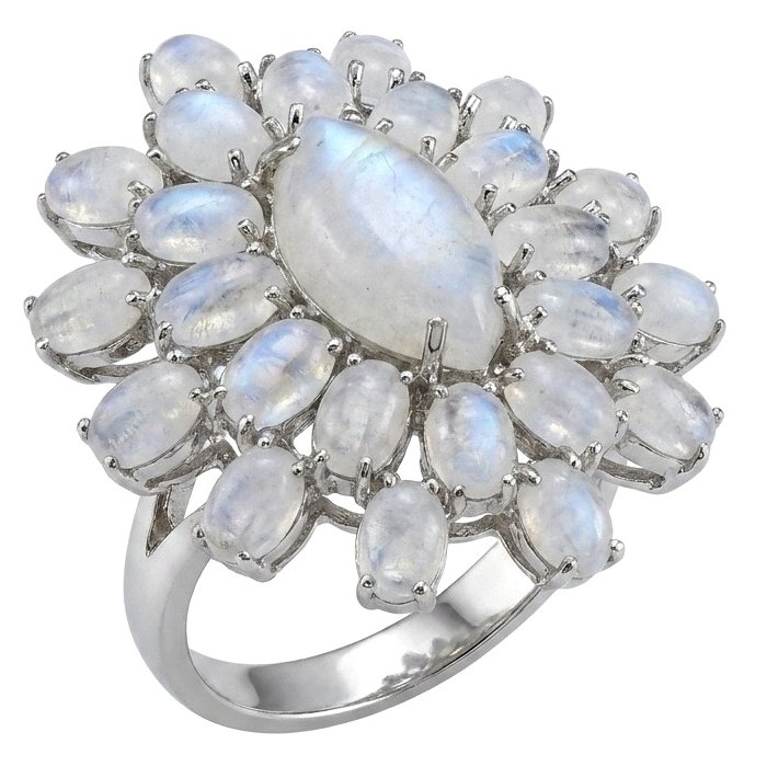Large Blue Cascade 29.5 carat Rainbow Moonstone rhodium over .925 Sterling Silver handmade ring s. 8 - video