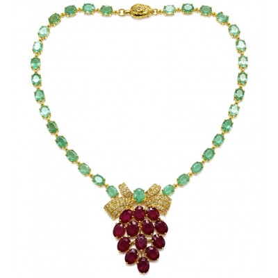 Juicy Strawberry 32.2 carat Natural Kasmir Ruby 21.5 carat Colombian Emerald .925 Sterling Silver dipped in 22K Gold handcrafted Statement necklace