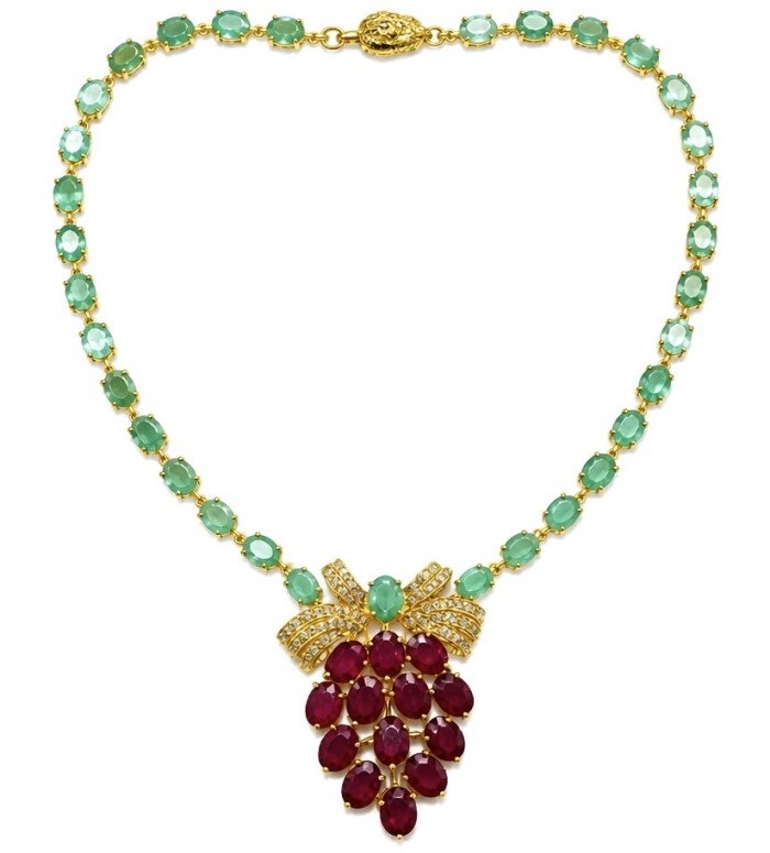 Juicy Strawberry 32.2 carat Natural Kasmir Ruby 21.5 carat Colombian Emerald .925 Sterling Silver dipped in 22K Gold handcrafted Statement necklace