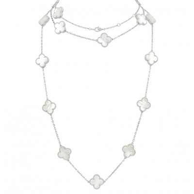 44 inches Outstanding authentic inlay Blister Pearl Lucky Four Leaf Clover .925 Sterling Silver Station necklace