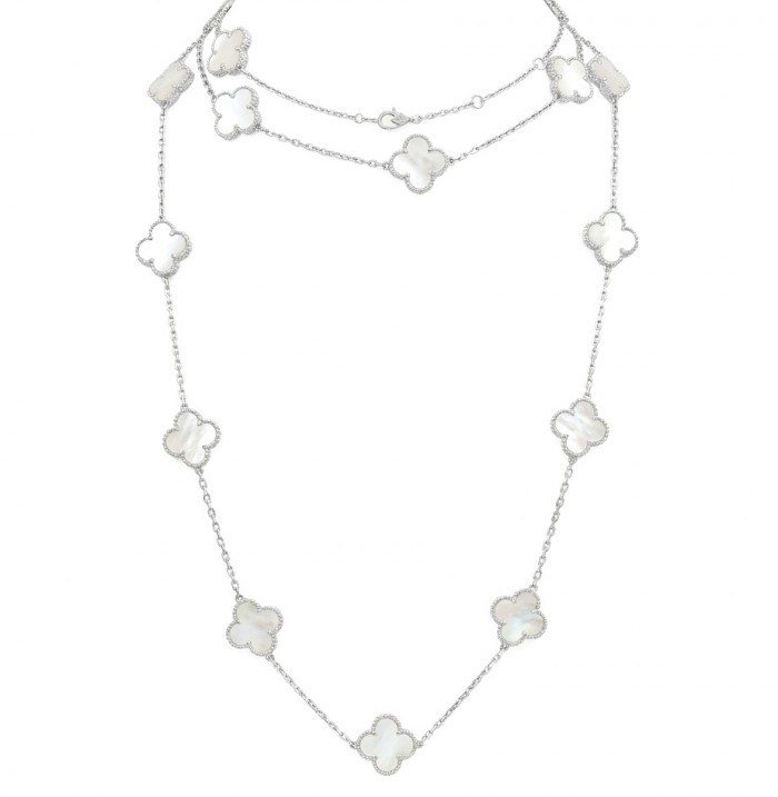 44 inches Outstanding authentic inlay Blister Pearl Lucky Four Leaf Clover .925 Sterling Silver Station necklace