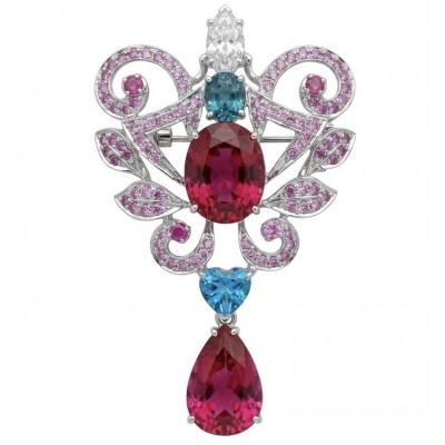 Marie Antoinette's Style 28.9 grams Fuchsia Pink Sapphire .925 Sterling Silver dipped in Rhodium handmade LARGE Pendant - Brooch
