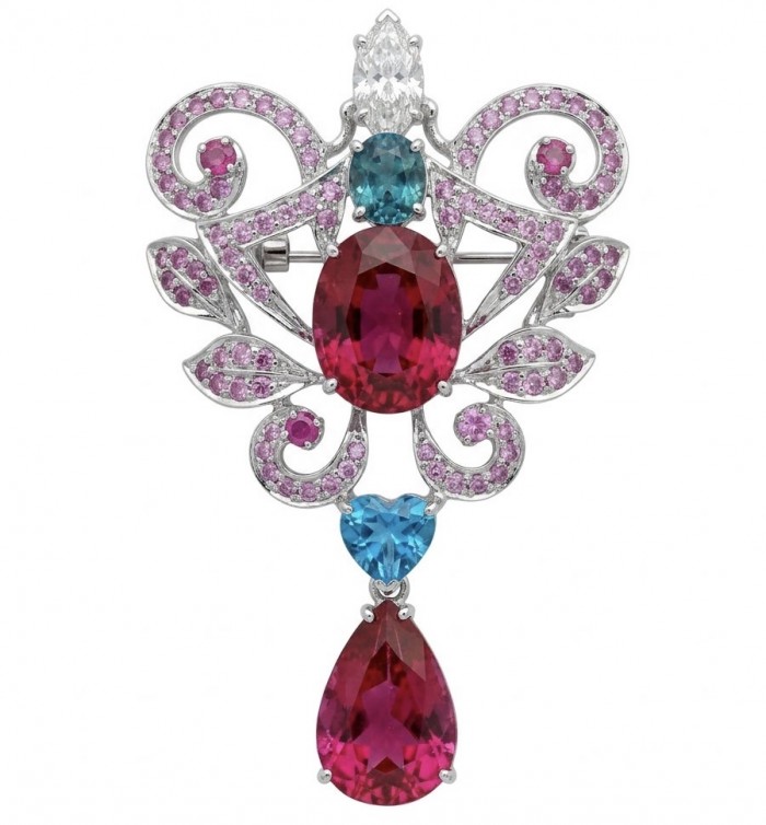 Marie Antoinette's Style 28.9 grams Fuchsia Pink Sapphire .925 Sterling Silver dipped in Rhodium handmade LARGE Pendant - Brooch