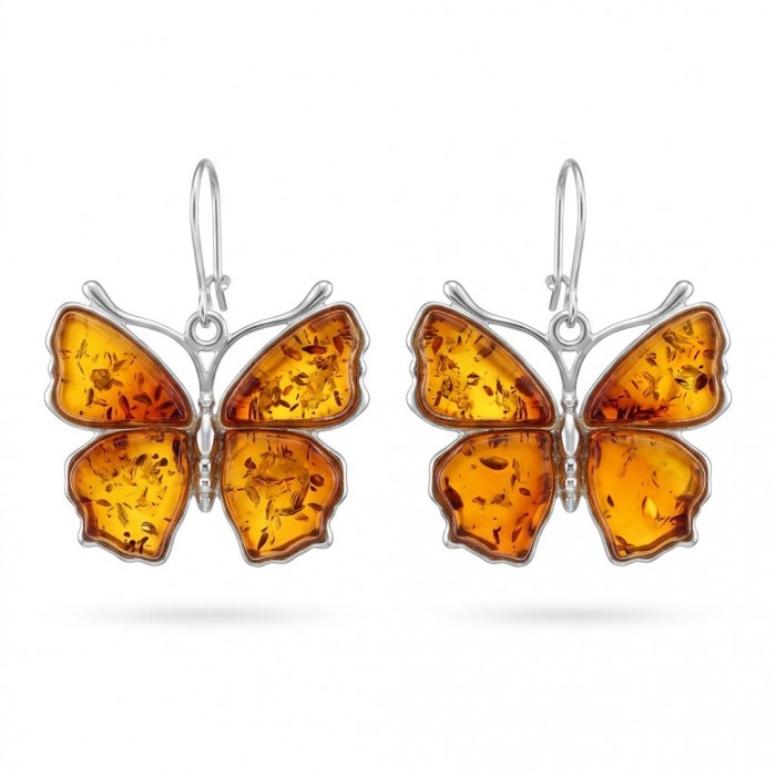 Golden Butterflies carved Baltic Polish Amber .925 Sterling Silver earrings