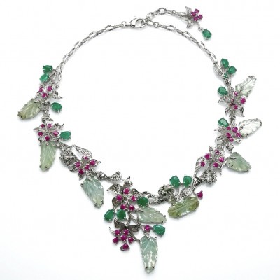 RARE BEAUTY! Valentina 168.2 carat CARVED Green Amethyst .925 Sterling Silver dipped in rhodium Statement Necklace