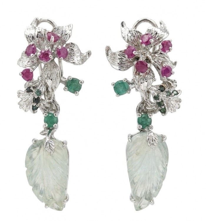 RARE BEAUTY! Valentina 38.2 carat CARVED Green Amethyst .925 Sterling Silver dipped in rhodium Statement earrings
