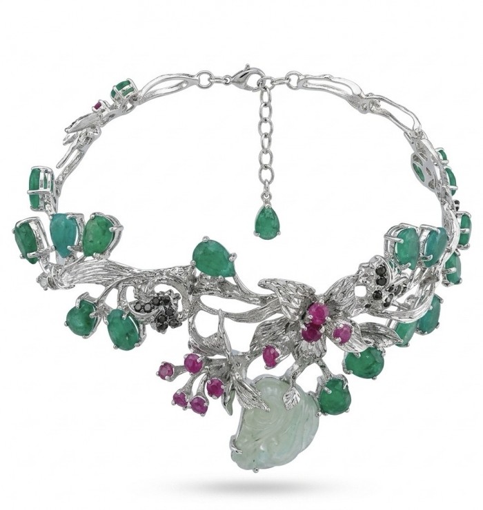 RARE BEAUTY! Valentina 58.2 carat CARVED Green Amethyst .925 Sterling Silver dipped in rhodium Statement handcrafted Bracelet