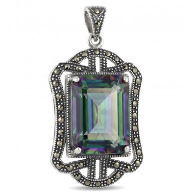 Spectacular 14.2 cut Mystic Topaz Marcasite .925 Sterling Silver handcrafted Pendant