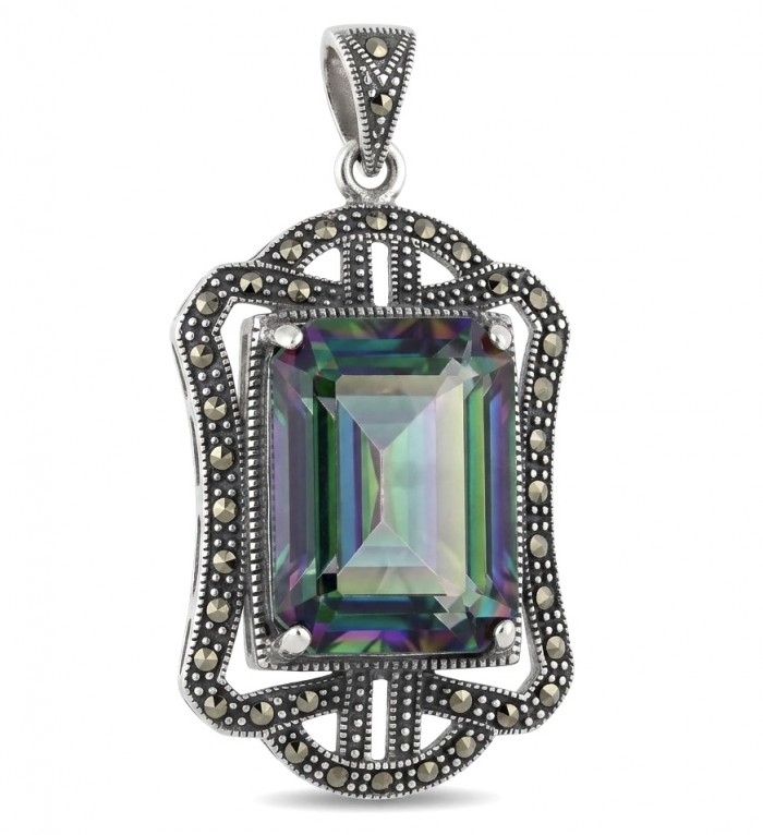 Spectacular 14.2 cut Mystic Topaz Marcasite .925 Sterling Silver handcrafted Pendant