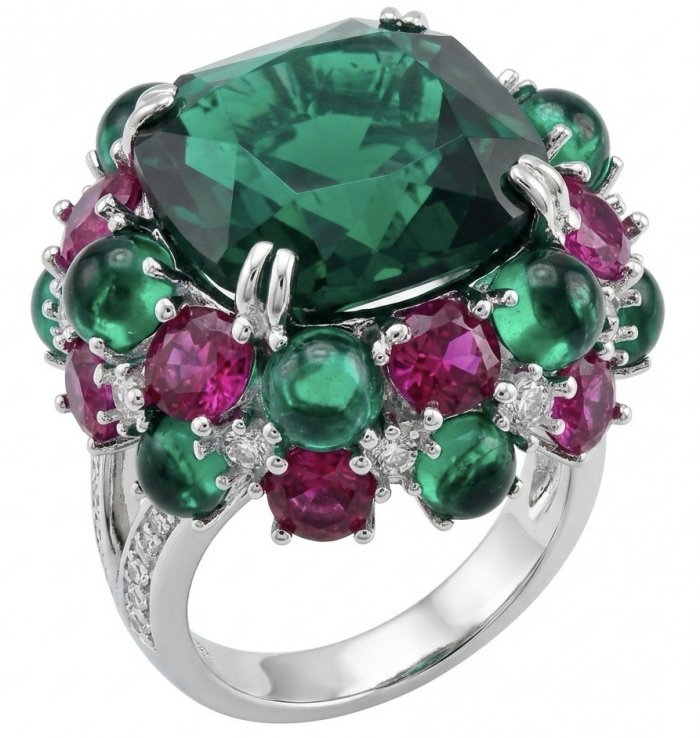 Iconic design - Natural 41.5 carat carved Emerald Ruby Sapphire rhodium over .925 Sterling Silver handcrafted ring size 7 1/4 - video
