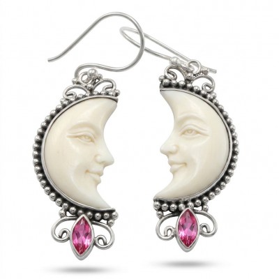 Moonface natural carved Bone .925 Sterling Silver earrings
