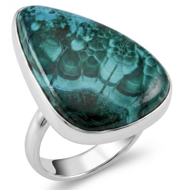 Authentic Parrot's Wing Chrysocolla rhodium over .925 Sterling Silver handcrafted ring size 8 adjustable