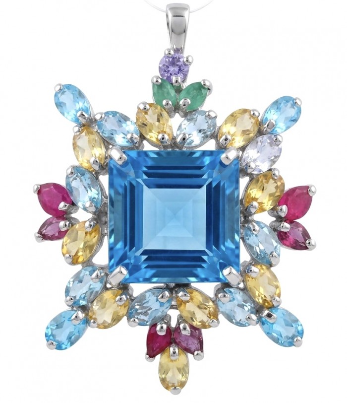 Oceania princess cut 30.8 carat Swiss Blue Topaz .925 Sterling Silver dipped in rhodium Handcrafted Pendant Brooch