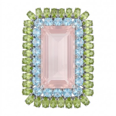Vintage style Beauty genuine baquette cut 18.5 carat Brazilian Rose Quartz rhodium over .925 Sterling Silver handmade Pendant - Brooch